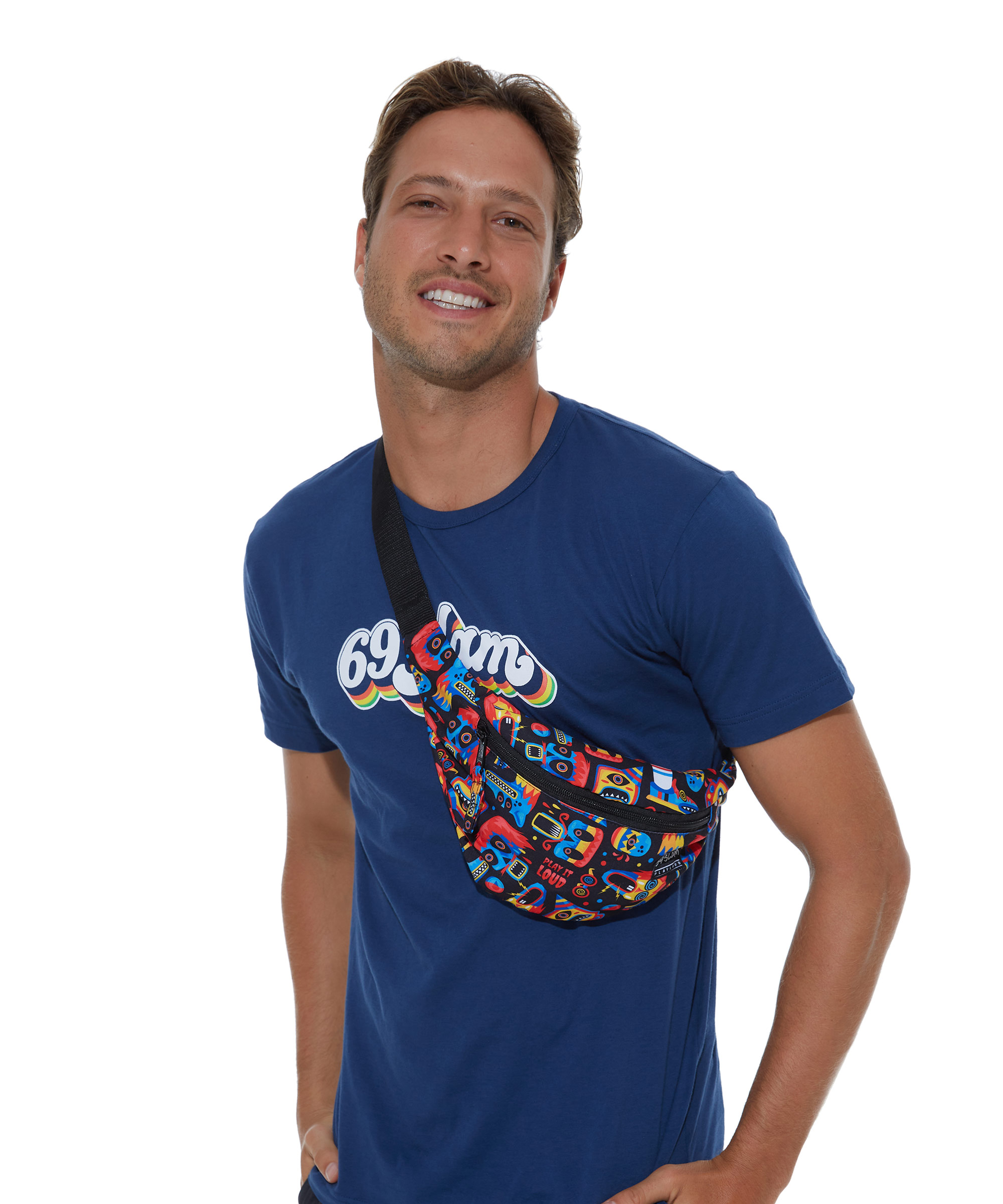 picture of a male model wearing a colourful 69slam fanny pack